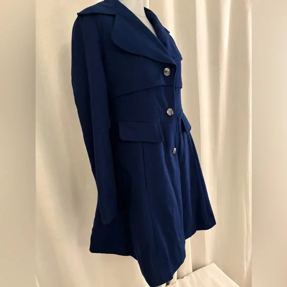 Jessica Simpson Wool Pea Coat Navy Fit Flare Trench Overcoat Classic Style Med - Picture 9 of 13